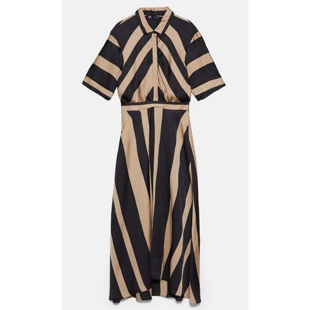 Zara Black Gold Striped Satin Midi Dress Short Sleeve Dress L As Seen On TV